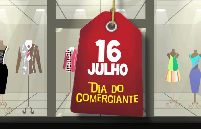 Ilustração de vitrine com manequins, e etiqueta vermelha escrito: 16 Julho, dia do comerciante