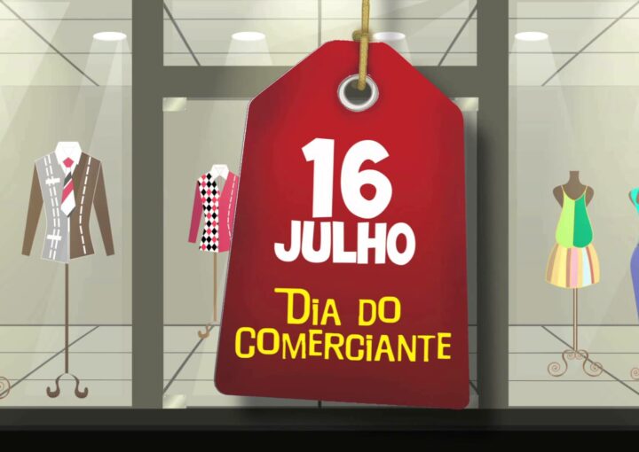 Ilustração de vitrine com manequins, e etiqueta vermelha escrito: 16 Julho, dia do comerciante