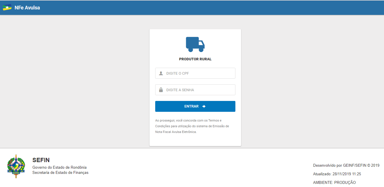 Site da SEFIN RO para emissão de Nota Fiscal Avulsa Produtor Rural