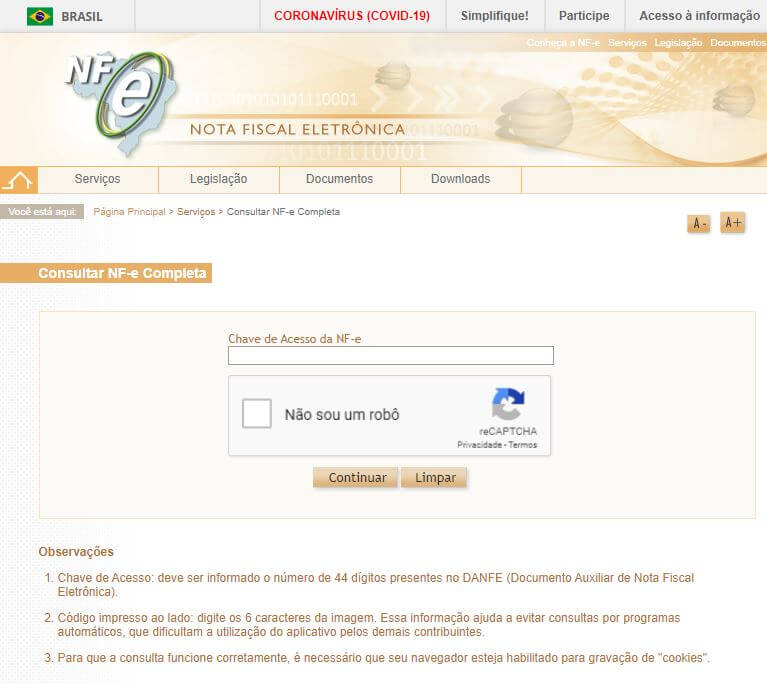 Tela da Consulta de NFe do Portal da Nota Fiscal Eletrônica