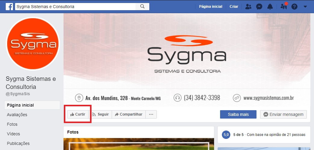 Captura de tela do Facebook mostrando como curtir a página da Sygma