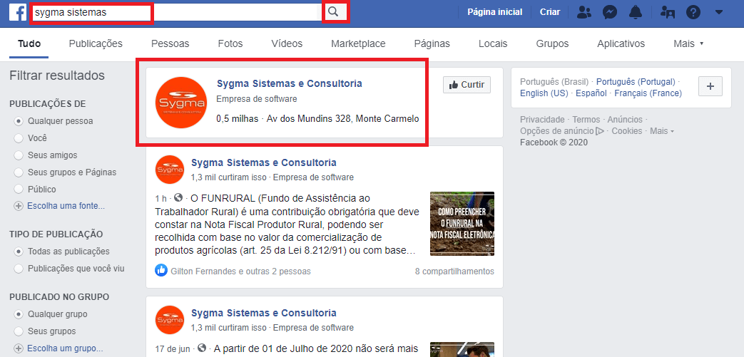Tela do Facebook, mostrando como localizar a Sygma Sistemas