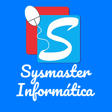 Logomarca da Sysmaster Informática, com fundo azul e ilustração de um mouse