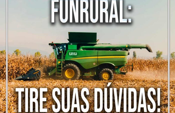 Colhedeira verde colhendo plantação de milho e frase: Funrural, tire suas dúvidas