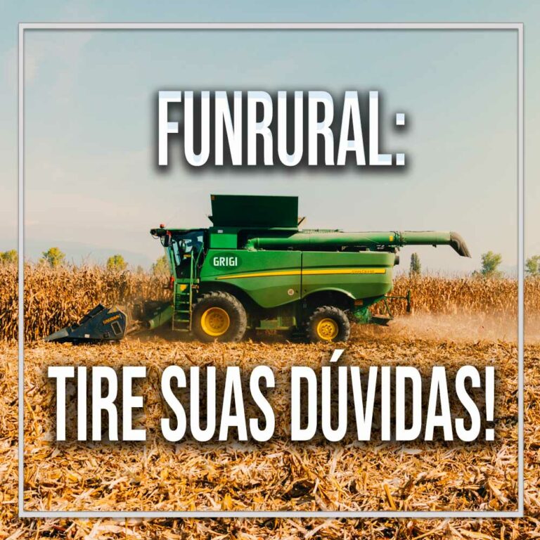 Colhedeira verde colhendo plantação de milho e frase: Funrural, tire suas dúvidas