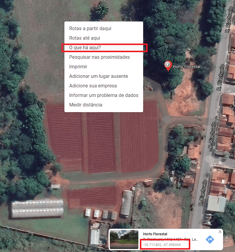 Imagem de Satélite do Google Maps mostrando as coordenadas geográficas de fazenda