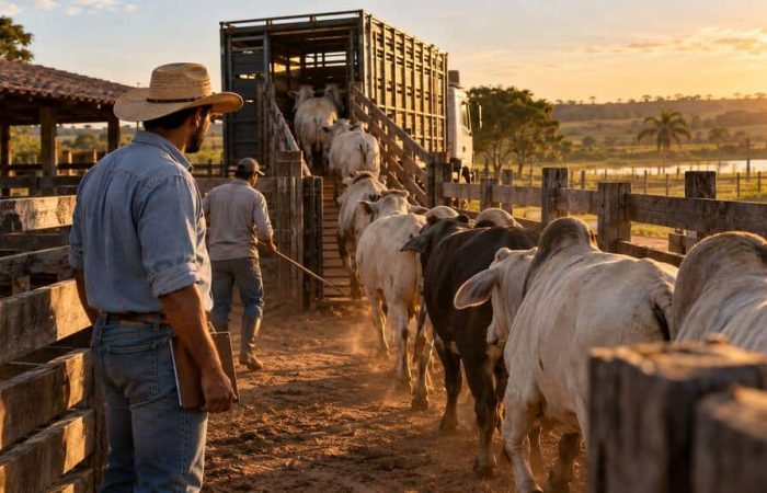 Homem conduzindo gado para caminhão de transporte durante a preparação para a venda de animais, ilustrando como tirar nota fiscal de venda de gado.