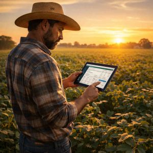 Homem em campo de plantação, vestindo chapéu e utilizando tecnologia pra gerar nota do produtor rural MT.