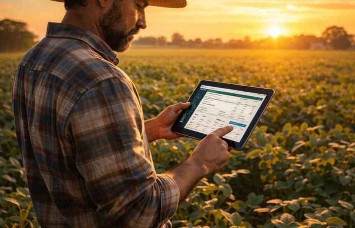 Homem em campo de plantação, vestindo chapéu e utilizando tecnologia pra gerar nota do produtor rural MT.
