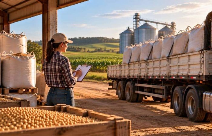 Produtora rural confere a carga de grãos para garantir o controle do ICMS para produtor rural no transporte agrícola.