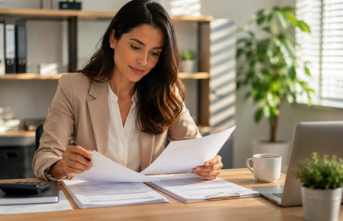 Mulher no escritório analisando documentos na mesa para emitir nota fiscal eletrônica.