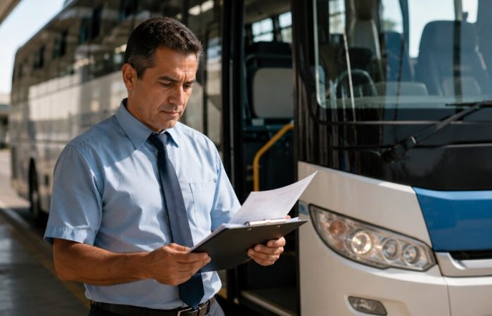 Motorista confere o DACTE, documento auxiliar do transporte eletrônico, ao lado de um ônibus