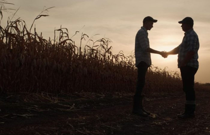 Silhueta de dois homens apertando as mãos após análise de crédito rural.