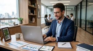 Profissional utiliza sistema de gestão para emissão e controle de NFC-e no ambiente corporativo.