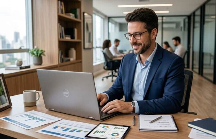 Profissional utiliza sistema de gestão para emissão e controle de NFC-e no ambiente corporativo.