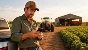 Produtor rural utilizando celular para emitir Nota Fiscal Avulsa (NFA) diretamente na propriedade.