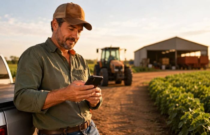Produtor rural utilizando celular para emitir Nota Fiscal Avulsa (NFA) diretamente na propriedade.