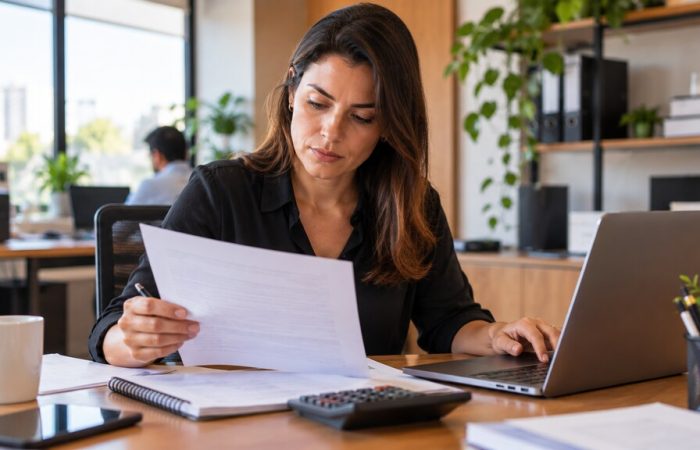 Mulher analisa documentos fiscais no escritório antes de cancelar NFe.