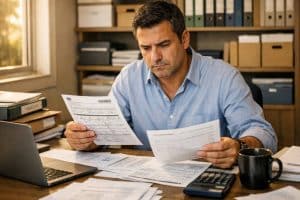 Homem em escritório realizando controle de notas fiscais.