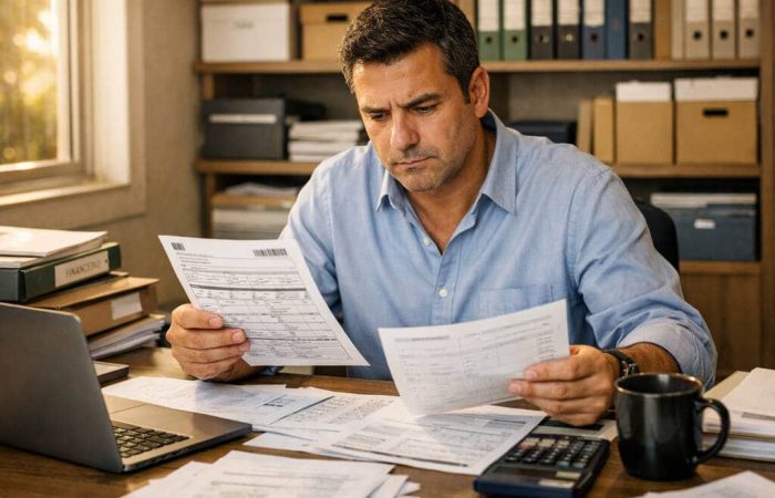 Homem em escritório realizando controle de notas fiscais.