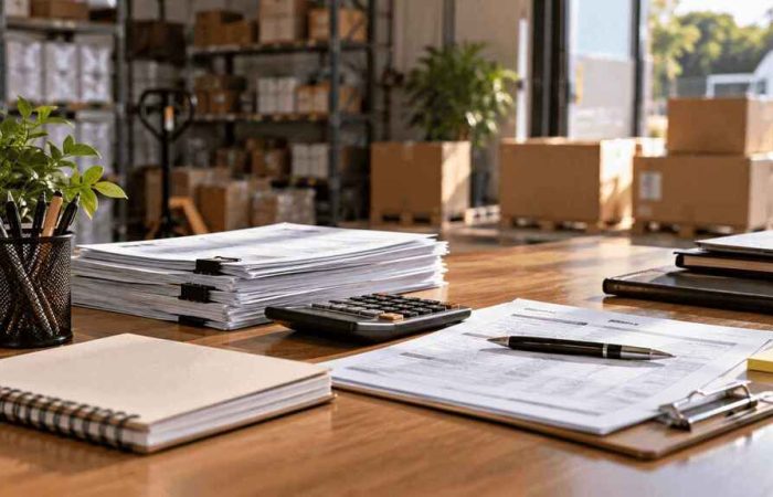 Mesa de escritório com documentos, calculadora e caixas ao fundo, ilustrando como preencher nota fiscal.