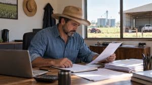 Produtor rural analisa documentos financeiros em seu escritório na fazenda, ilustrando a organização do CNPJ rural.