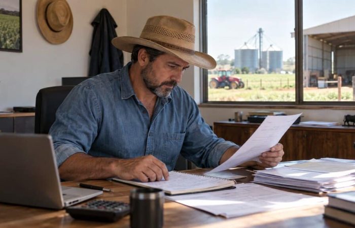 Produtor rural analisa documentos financeiros em seu escritório na fazenda, ilustrando a organização do CNPJ rural.