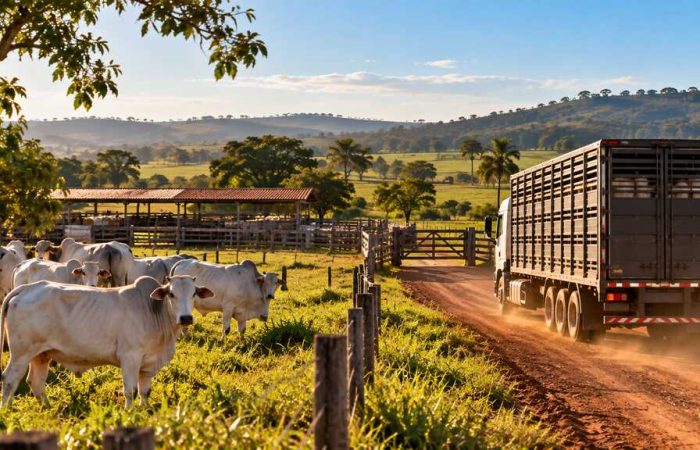 Bovinos em pastagem ao lado de um caminhão, ilustrando o transporte de animais com guia de trânsito animal.