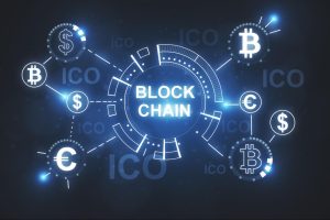 Ilustração digital de vários ícones representando moedas virtuais, conectadas ao título "Blockchain".