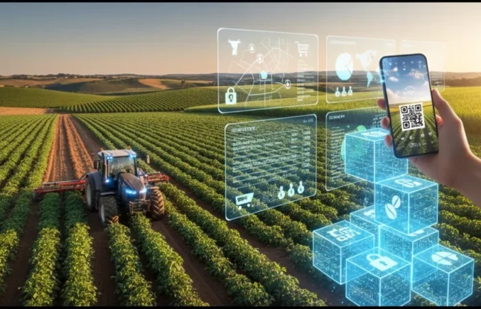 Plantação vista de cima, com máquina agrícola sendo utilizada, enquanto pessoa segura celular com diversos ícones tecnológicos, representando blockchain no agronegócio.