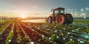Trator em plantação agrícola, cercado por símbolos e ícones tecnológicos, representando a agricultura de precisão.
