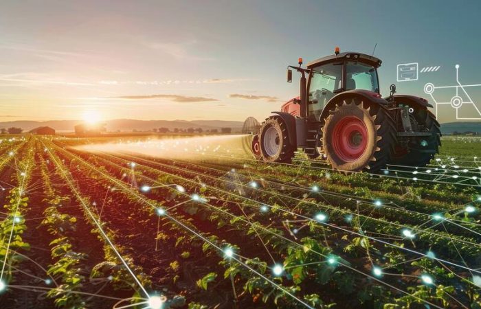 Trator em plantação agrícola, cercado por símbolos e ícones tecnológicos, representando a agricultura de precisão.