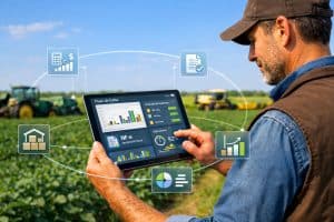 Homem em plantação utilizando software para agronegócio.