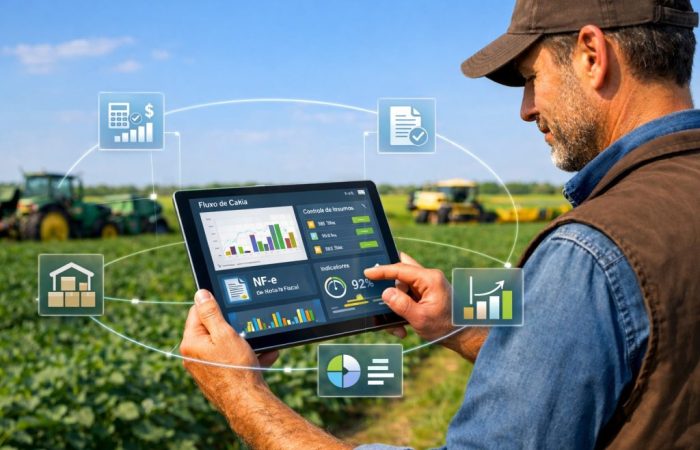 Homem em plantação utilizando software para agronegócio.