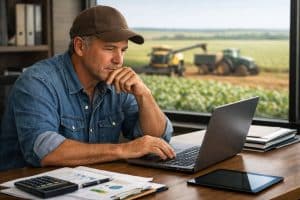 Homem pesquisando sobre cbs e ibs em escritório, com máquinas agrícolas trabalhando em plantação ao fundo.