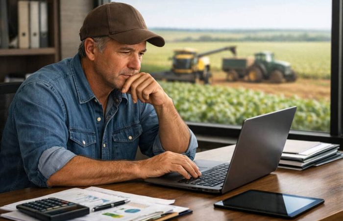 Homem pesquisando sobre cbs e ibs em escritório, com máquinas agrícolas trabalhando em plantação ao fundo.