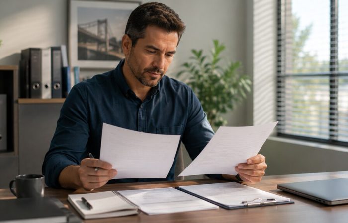 Empresário analisa documentos para verificar adequações relacionadas ao CNPJ alfanumérico.