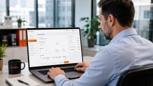 Empresário utiliza um emissor de nota fiscal no notebook para emitir documentos fiscais no escritório.