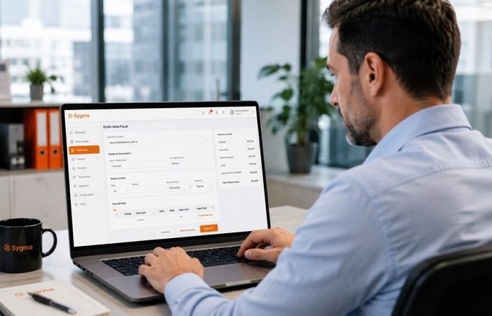 Empresário utiliza um emissor de nota fiscal no notebook para emitir documentos fiscais no escritório.