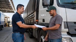 Dois profissionais conferem documentos ao lado de um caminhão para organizar o CIOT para frota própria.