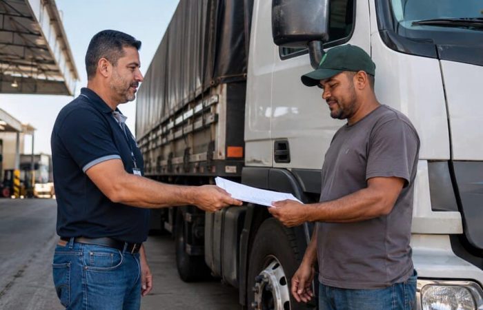 Dois profissionais conferem documentos ao lado de um caminhão para organizar o CIOT para frota própria.
