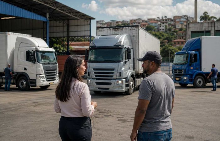 Profissionais do transporte conversando em pátio com caminhões, em contexto de ciot para todos.