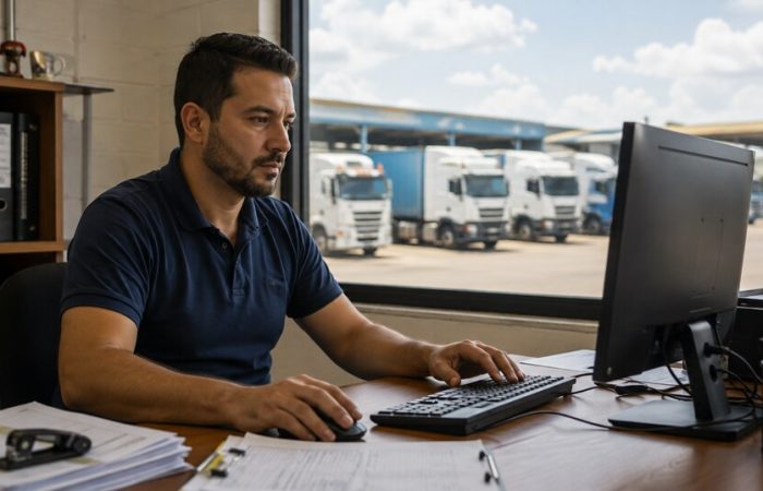 Profissional em escritório de transportadora trabalhando no computador para entender como emitir CIOT.