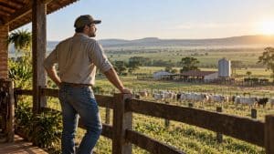 Produtor rural observa o rebanho em uma fazenda, em contexto de credenciamento SEFAZ.