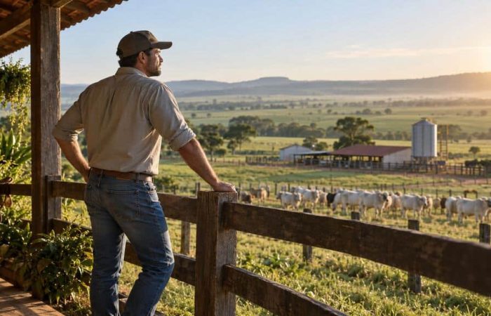 Produtor rural observa o rebanho em uma fazenda, em contexto de credenciamento SEFAZ.