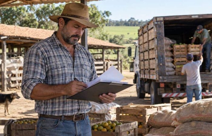 Produtor rural conferindo documentos e mercadorias na fazenda para cumprir as obrigações da DCTFWeb para Produtor Rural.