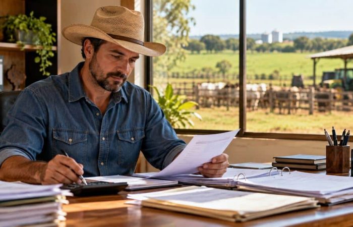 Produtor rural analisa documentos e calcula valores em uma mesa de escritório, ilustrando a organização da ECD.