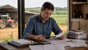 Fluxo de caixa fazenda mostra produtor rural analisando documentos e contas da propriedade.