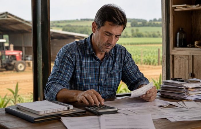 Fluxo de caixa fazenda mostra produtor rural analisando documentos e contas da propriedade.