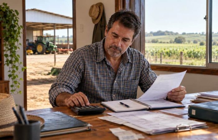 Produtor rural calcula despesas e analisa documentos durante a gestão financeira da fazenda.